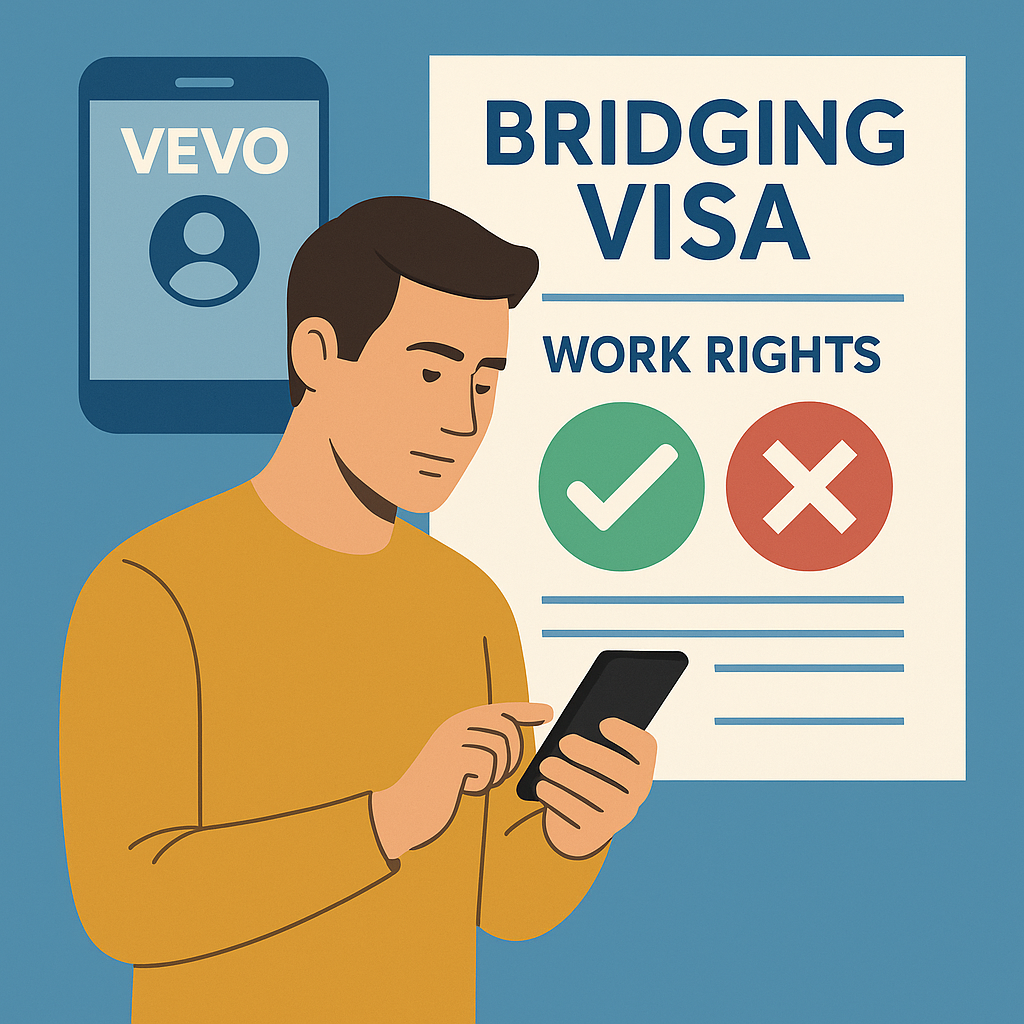 Flat-style illustration of a man checking his phone next to a poster reading ‘Bridging Visa – Work Rights’ with green tick and red cross icons.